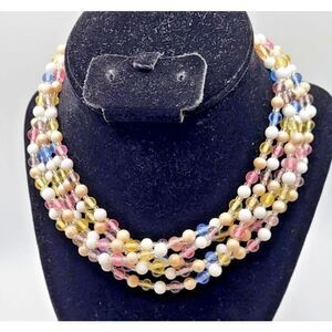 Vintage 50s Japan Multistrand Pastel Beaded Collar Necklace 17in